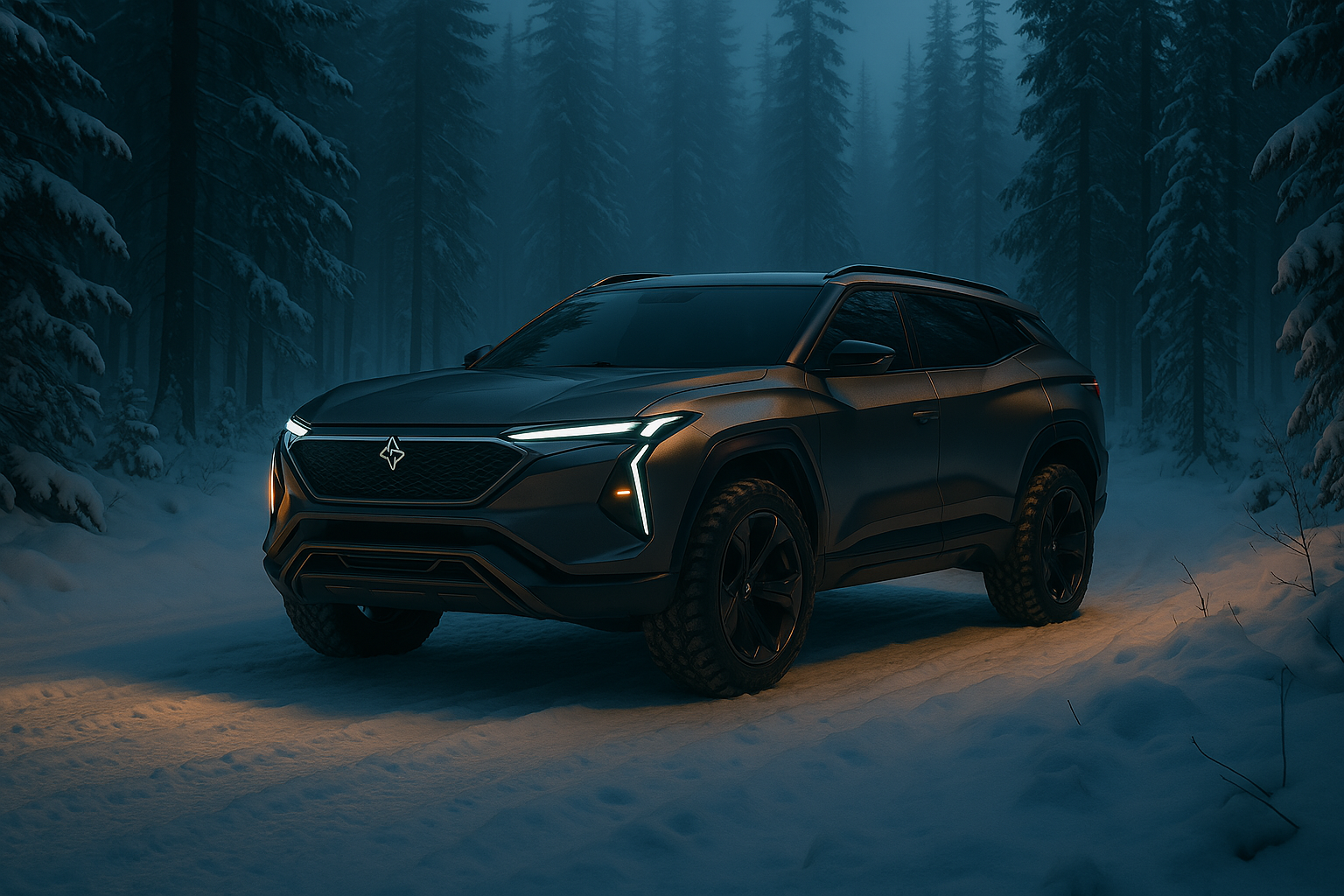 Le SUV tout-terrain hydrogène Goulamunf garé dans une forêt enneigée au crépuscule, éclairé par ses feux LED.